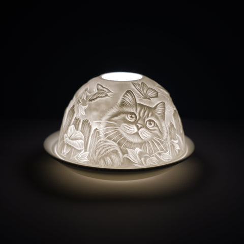 Cello porcelain tealight holder dome, in our cat design. This design displays a cat with big loving eyes playing with butterflies dancing over their head. We offer a wide range of porcelain tealight holders to let you choose your show stopping piece and show it off with pride when guests and family are over. Pick your preferred option between LED lights or using tealight candles.