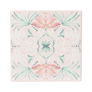 Printed ceramic coaster with embossed pink floral detail and cork backing