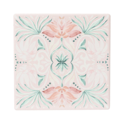 Printed ceramic coaster with embossed pink floral detail and cork backing