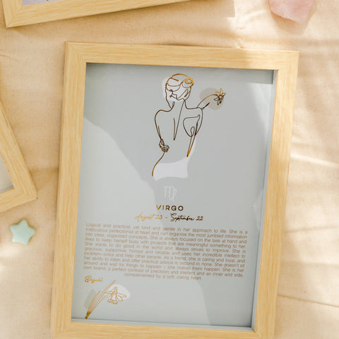 Virgo Zodiac Print. The Mystique Collection features whimsical and feminine illustrations combined with a pastel colour pallete. The collection features 12x framed prints with character profiles for each astrological star sign and gold foil detail for an elegant finished look. Positive and playful, the Mystique Collection offers the perfect personalised gift solution.