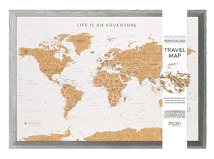 Splosh - Map of the world pin board in our brand-new signature grey design. The Splosh Travel Map collection is the ideal way to plan and plot all your visits to countries across the world, both past and present. Using the colour-coded metallic pins provided you can reminisce about all your past endeavours with family and friends and create a wish-list for the future with your push pin map. 